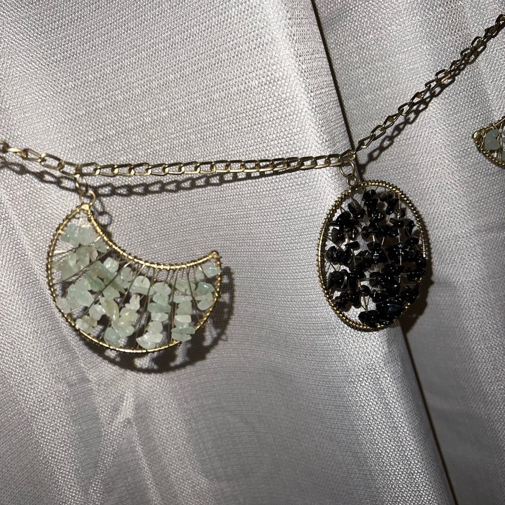 Hanging crystals - Prehnite, Opal, and Moonstone
